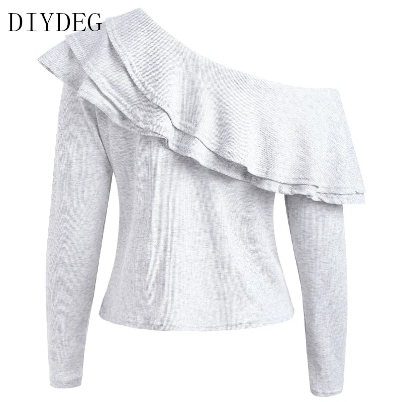

DIYDEG irregular ruffled collar sexy high and low shoulder long sleeve 2018 solid color sweater women