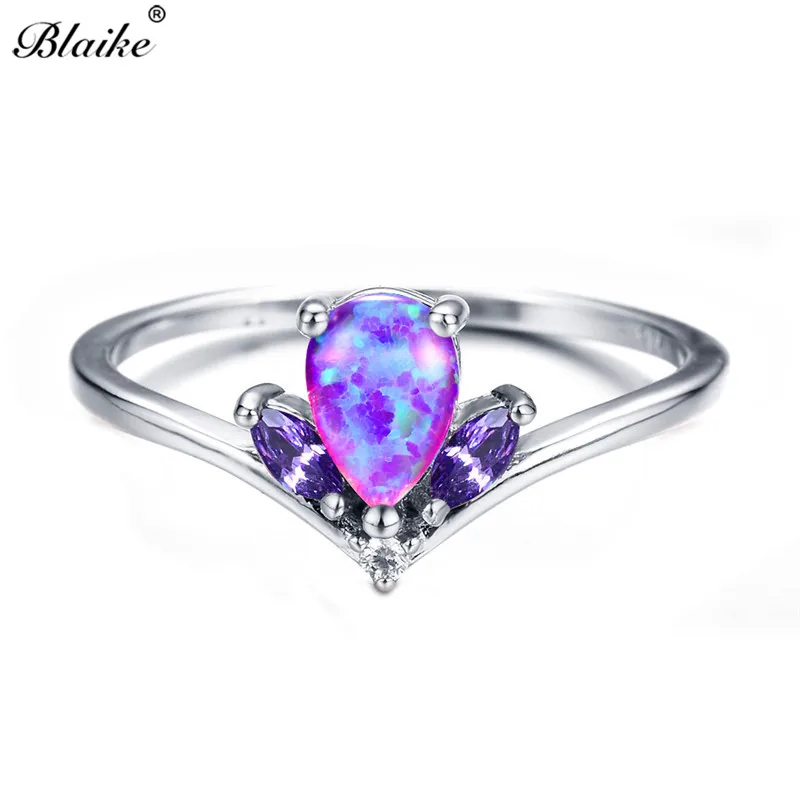 Blaike Charming Water Drop Purple/White/Blue Fire Opal Rings for Women 925 Sterling Silver Filled Birthstone Crystal Zircon Ring - Цвет основного камня: Purple Opal Ring