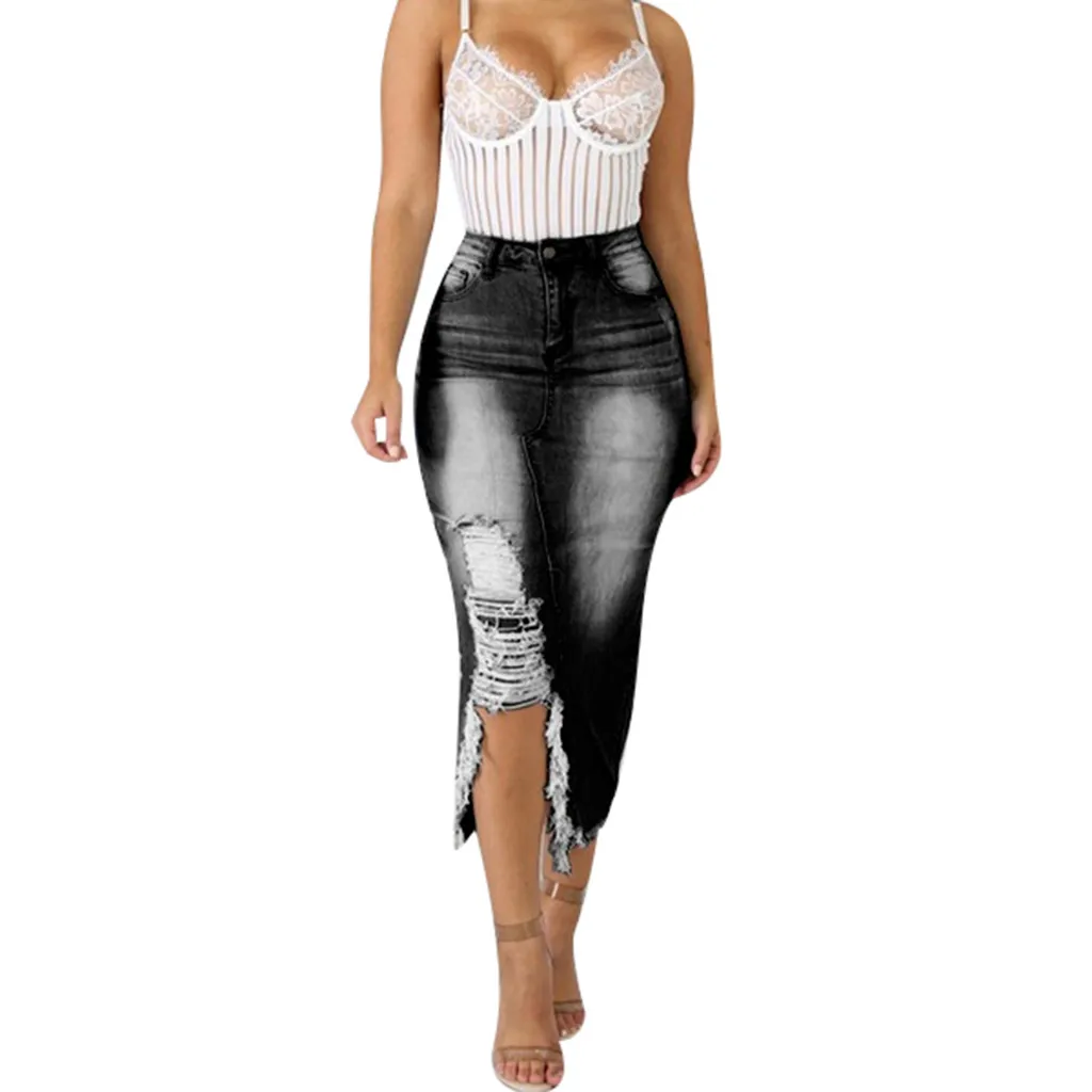 

Women's Skirt Skirts faldas jupe femme shein saia Women Fashion High Waist Ripped Destroyed Bodycon Street Style Denim Skirt #50