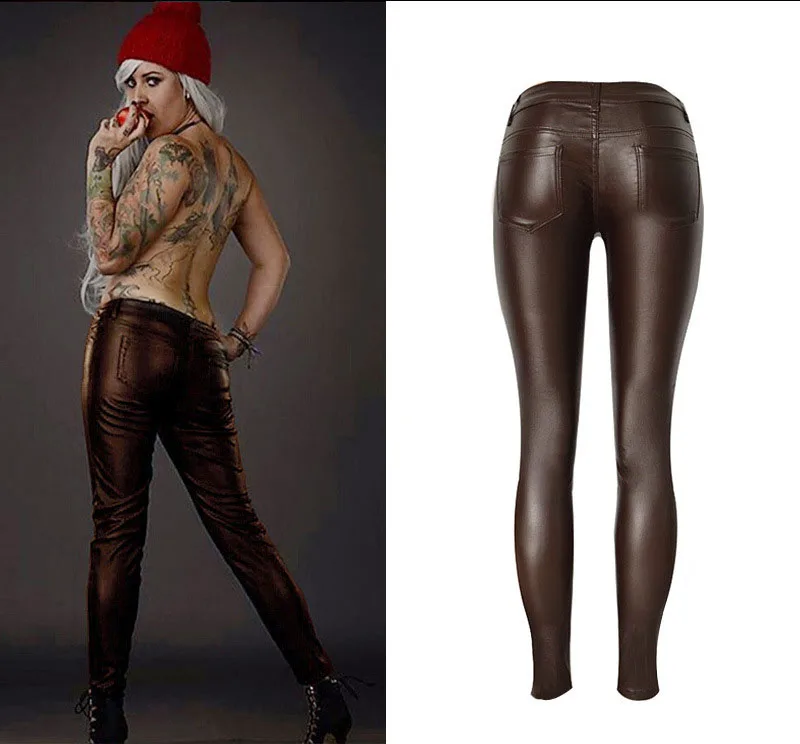 Женские джинсы с покрытием, коричневые, комбинированные, мульти, поддельные, на молнии, низкая талия, узкие брюки, обтягивающие, тянущиеся, сексуальные, из искусственной кожи, джинсы, NZ220
