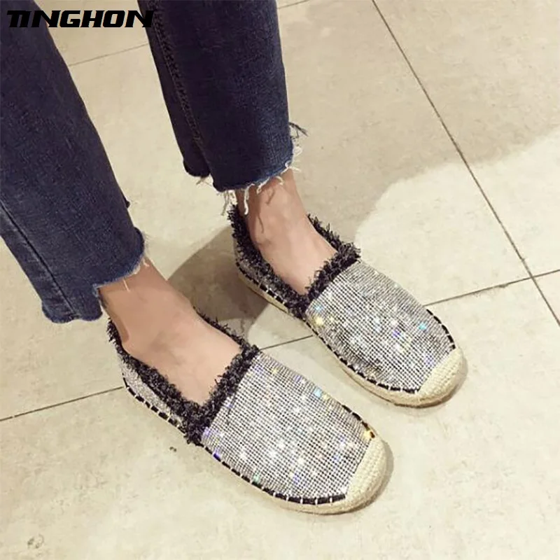 

TINGHON Fashion Women Ladies Espadrille Shoes Canvas Rhinestone Crytal Tassel Hemps Fisherman Flats Shoes