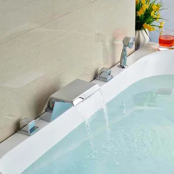 

Chrome Finish Waterfall Bathroom Tub Faucet 5 PCS Mixer Tap with Hand Sprayer