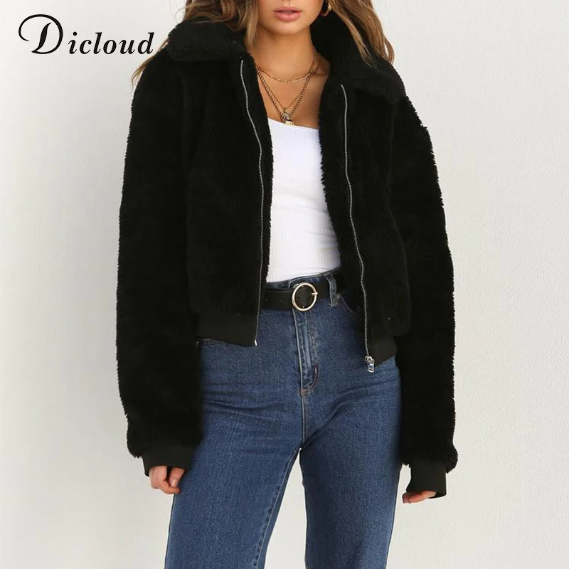

Dicloud winter teddy basic jacket sherpa parka women autumn 2019 warm long sleeve bomber jacket puffer faux fur coat casual