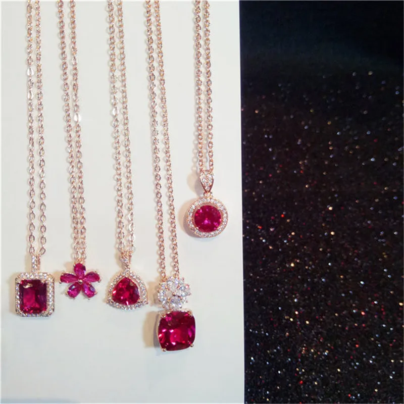 Vintage Necklace Pendants For Women S925 Sterling Silver Ruby Gems Fine Jewelry Clavicle Chain Rose Red Color Colar Bijouterie