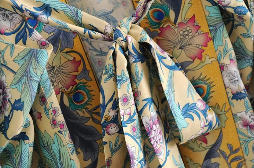 Новинка, Женская богемная кимоно рубашка с v-образным вырезом и цветочным принтом Pteris, праздничный пляжный длинный кардиган с поясом-бабочкой, блузка, топы