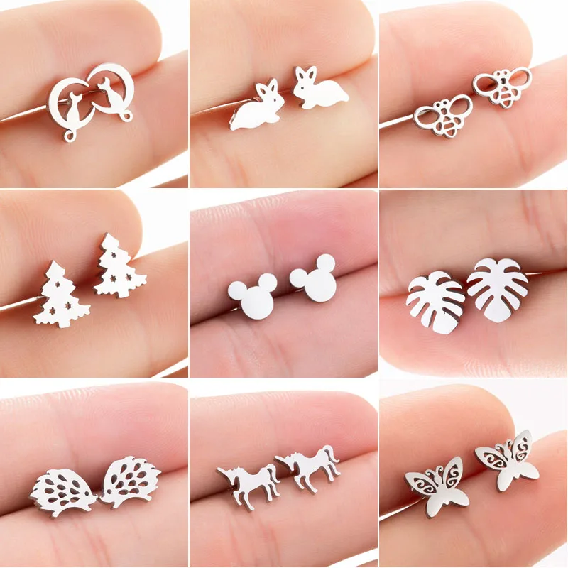 

SMJEL Stainless Steel Earings for Women Kid Fashion Cute Rabbit Cat Earrings Animal Mickey Jewelry Pineapple Ear Stud Party Gift