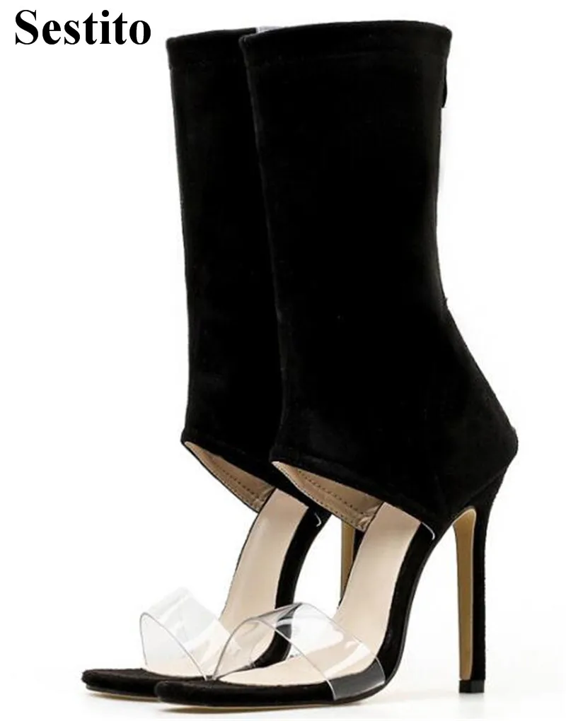 

2018 New Fashion PVC Mixed Colors Peep Toe Mid-calf Boots Spring/ Autumn Zip Super High Thin Heels Women Shoes Basic Short Boot