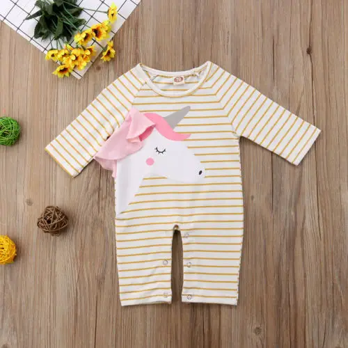 Newborn Infant Baby Girls Boy Horse Striped Romper Long Sleeve Casual