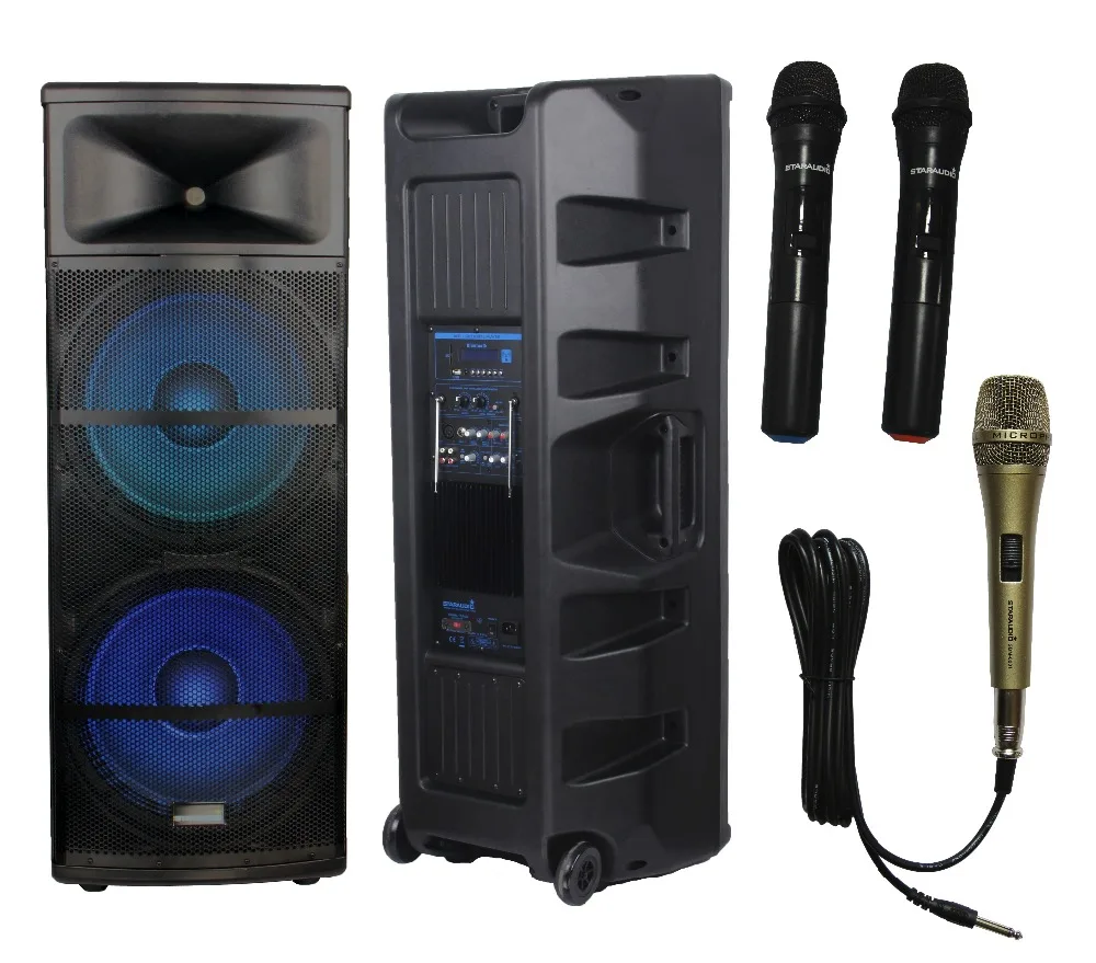 

STARAUDIO SDMN-15RGB PA DJ 5000W 15" Power Active Stage LED RGB Light USB SD FM BT Speaker W/ 1 Wired Mic 2 Wireless Mic