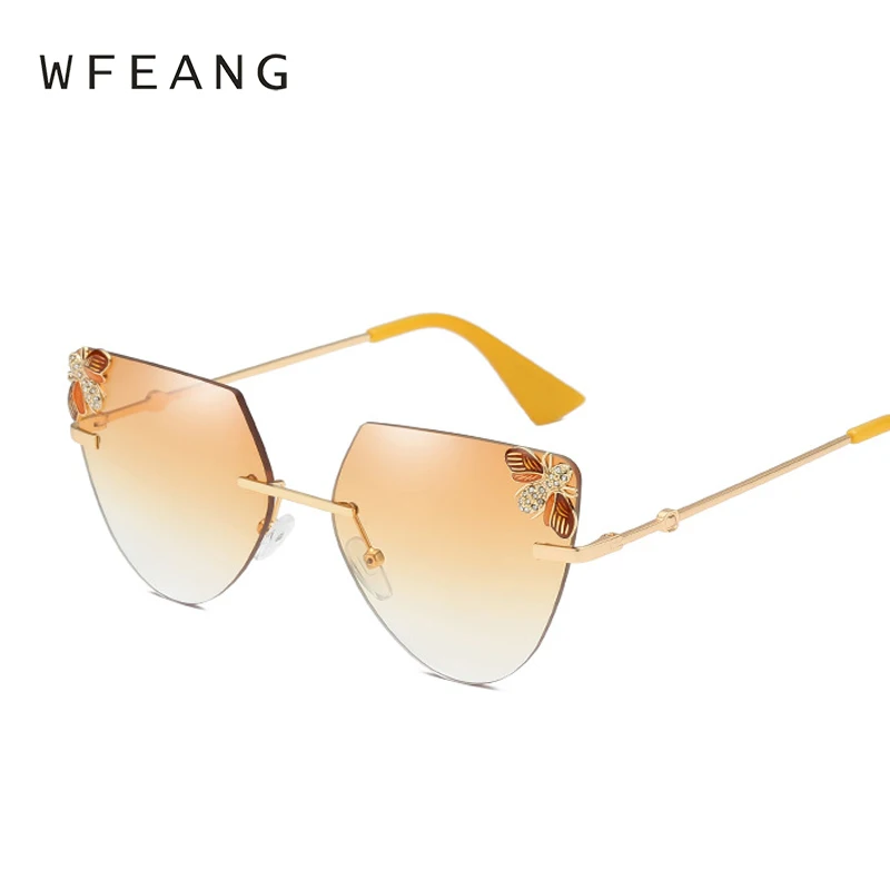 WFEANG оправы градиент "кошачий глаз" Для женщин зеркало солнцезащитные очки для роскошные украшения пчела металлический каркас дамы очки