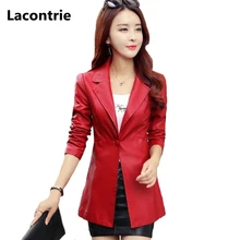 Lacontrie весенние пальто одноцветное Цвет Для женщин PU тренчи Дамы отложным воротником Тонкая на кнопках Кожаные куртки верхняя одежда T093