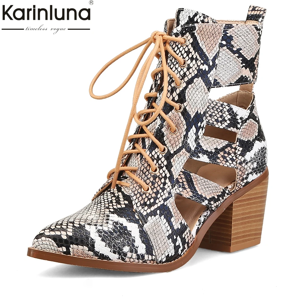 

Women's Ankle Boots Woman Snake veins summer boots Square High Heels Shoes Lady shoeslaces shoes women big Size 34-44