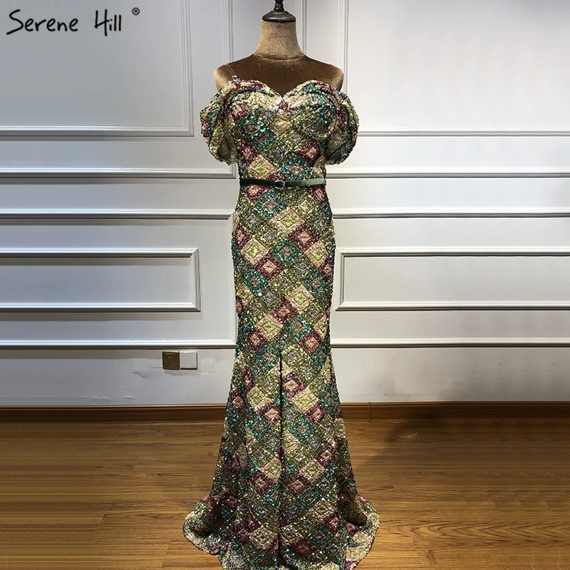 Новейший дизайн, Сексуальные вечерние платья с открытыми плечами,, разноцветные блестки, Роскошные блестящие вечерние платья Serene Хилл LA60804