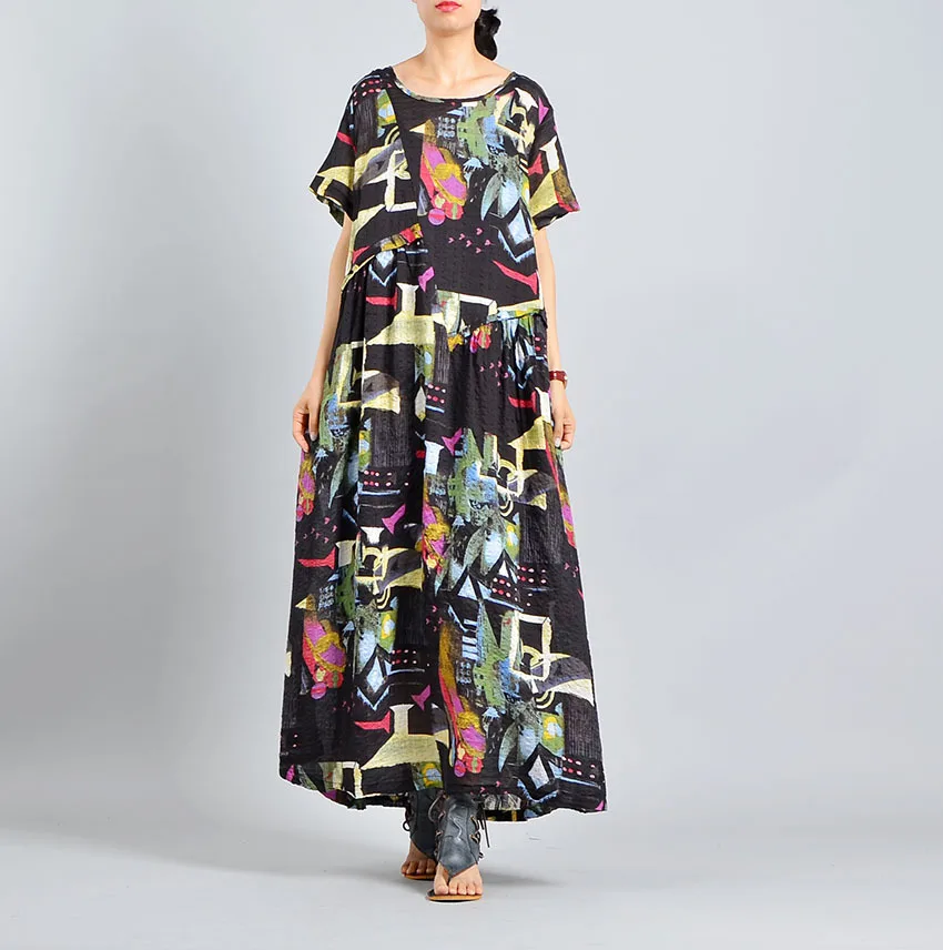 Buy Women Summer Printed Cotton Linen Loose Dress