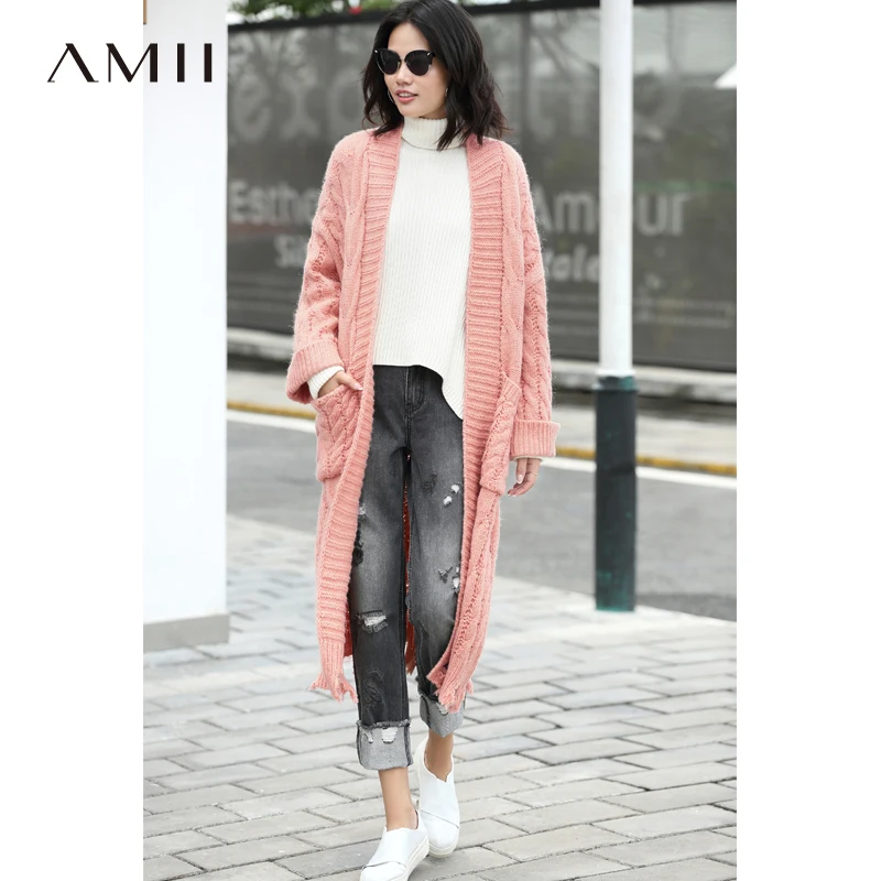 

Amii Minimalist Women 2019 Winter Cardigan Chic Loose Long High Quality Original Design Female Knitted Cardigan Sweaters
