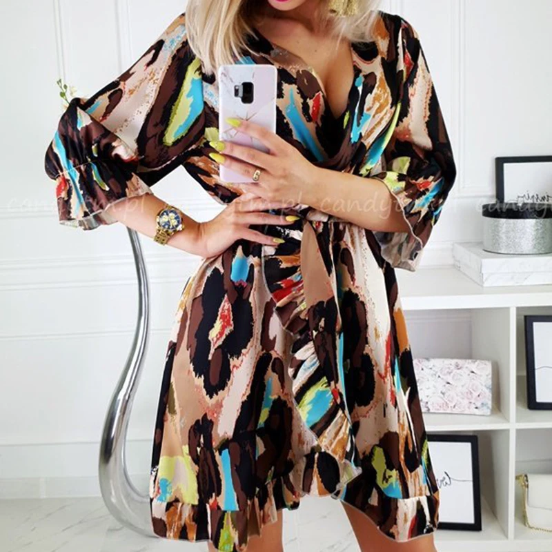 

Fashion Women Summer Split Floral Mini Dress Elegant V-neck Short Sleeve Ruffles Ladies Sundress High waist Dames Streetwear