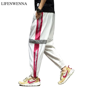 

2019 New Summer Thin Side Stripe Pants Hip Hop Reflective Pants Drawstring Sweat Trousers Men 5XL Loose Beam Harem Joggers
