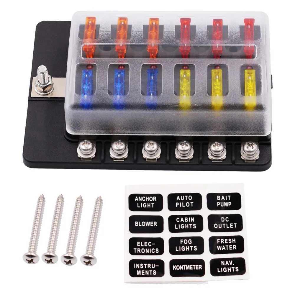 

12 Way Blade Fuse Box Block Holder With LED Warning Light Kit 12-32V
