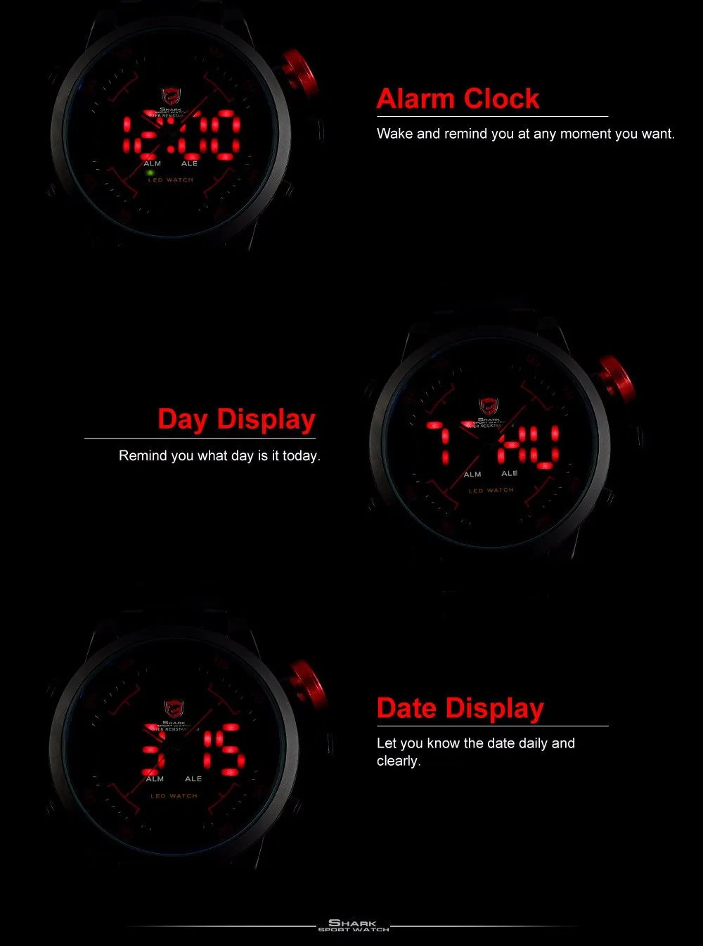 Gulper SHARK Sport Watch Digital LED Men's Top Brand Luxury Black Red Calendar Steel Band Wrist Quartz-Watch Reloj Hombre /SH105 11