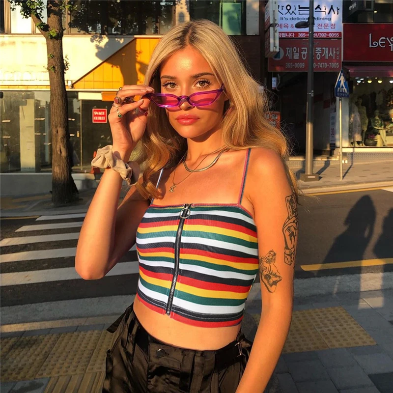 

New Fashion Women's Strap Sleeveless Crop Tops Rainbow Stripe Zipper Tank Tops Ladies Casual Slim Tops Holiday Party Wear Summer