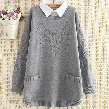 

2019 Autumn Winter Turn-down Collar Sweaters Women Plus Size 3XL 4 XL Casual Pockets Loose One Piece Sweater LP449
