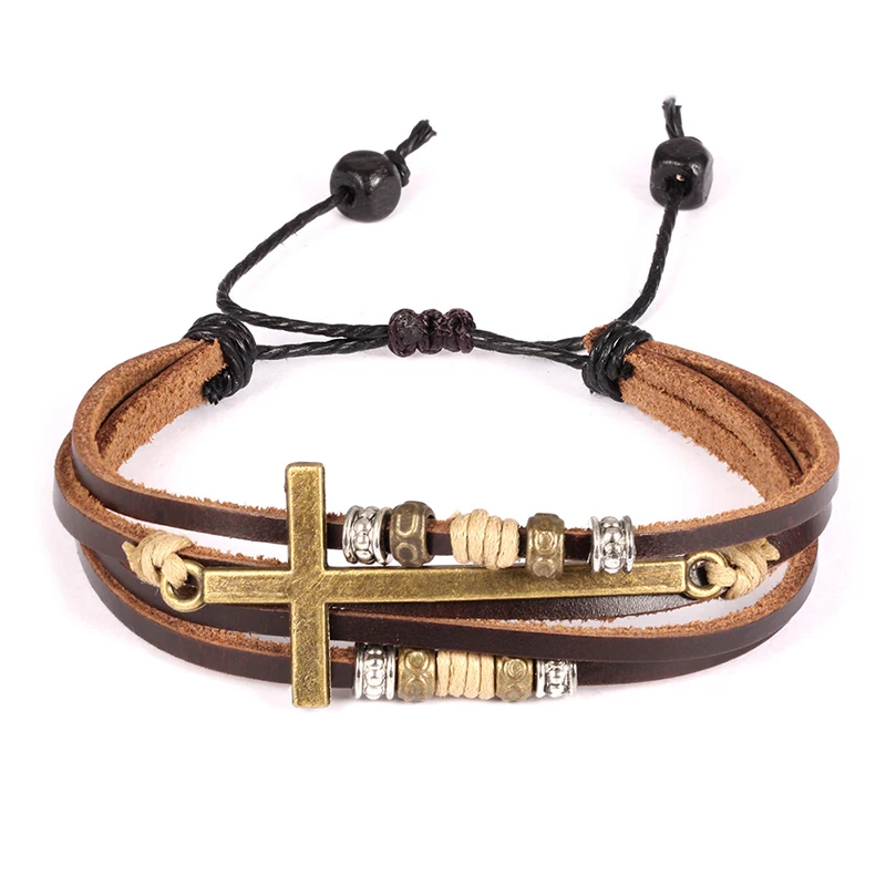 

New Arrival Bohemia Men's Charm Bracelets Genuine Leather Rope Chain Bronze Cross Casual Gift Sporty Style Easy-Hook