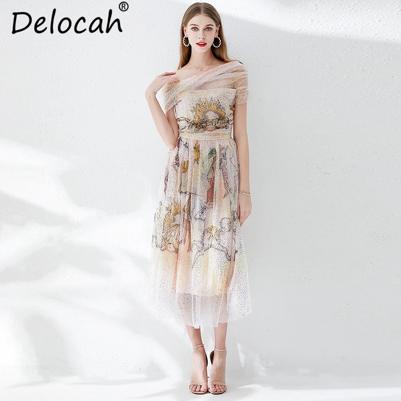 

Delocah Women Spring Summer Vintage Dress Runway Fashion Designer Sequined Backless Mesh Overlay Character Printed Elegant Dress