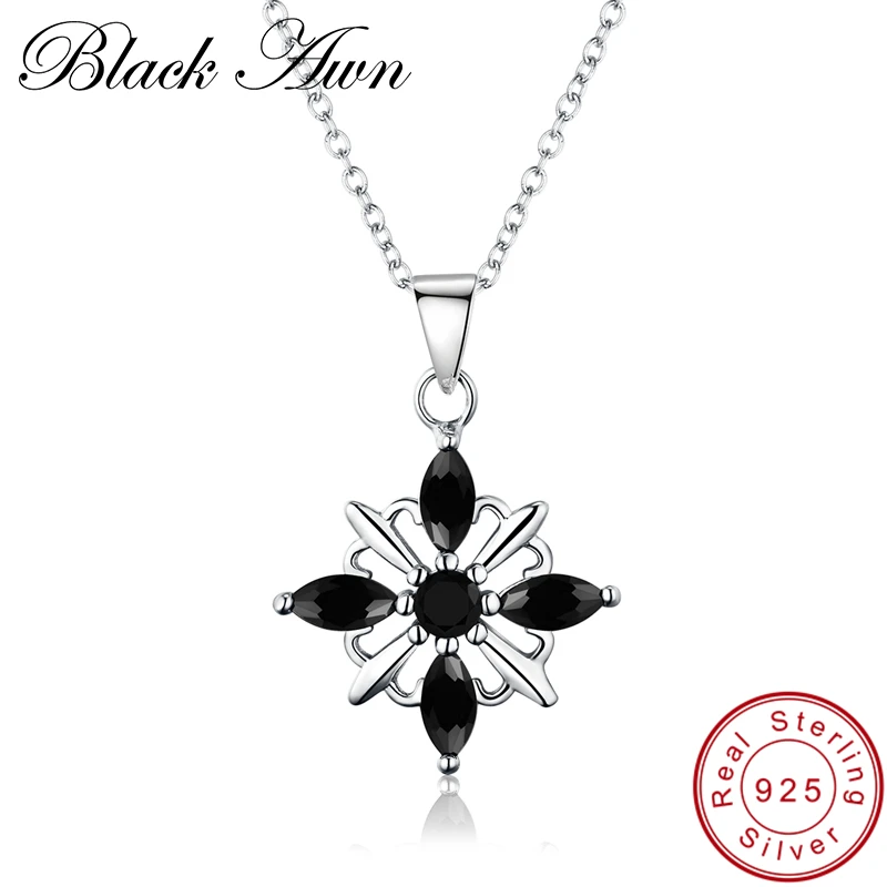 

[BLACK AWN] 100% Pure 925 Sterling Silver Jewelry Star Chain Necklace for Women Black Stone Necklaces & Pendants P172