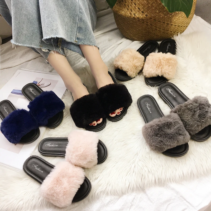 

Plus size 36-44 Women Fur Slides Sandals Fur Slippers unisex Couples fur flip flops House slides Lovers Shoes Woman Flats