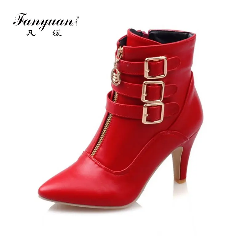 

fanyuan ankle boots Women Boots Winter High Heels Ankle Boots Pointed Toe Buckle Martin Boots Zip Ladies Shoes White Big Size 44