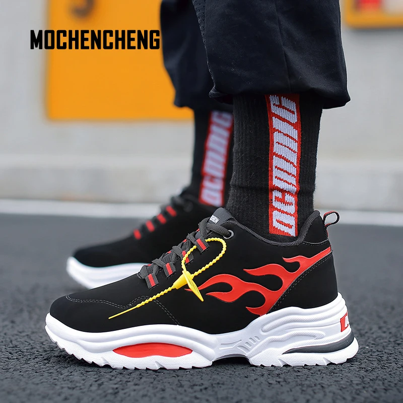 

Men Sneaker Chunky Wedge Platform Dad Shoes Hip Hop Flame Print Flock Upper Lace-up Round Toe Flat Female Sneaker Rubber Shoes