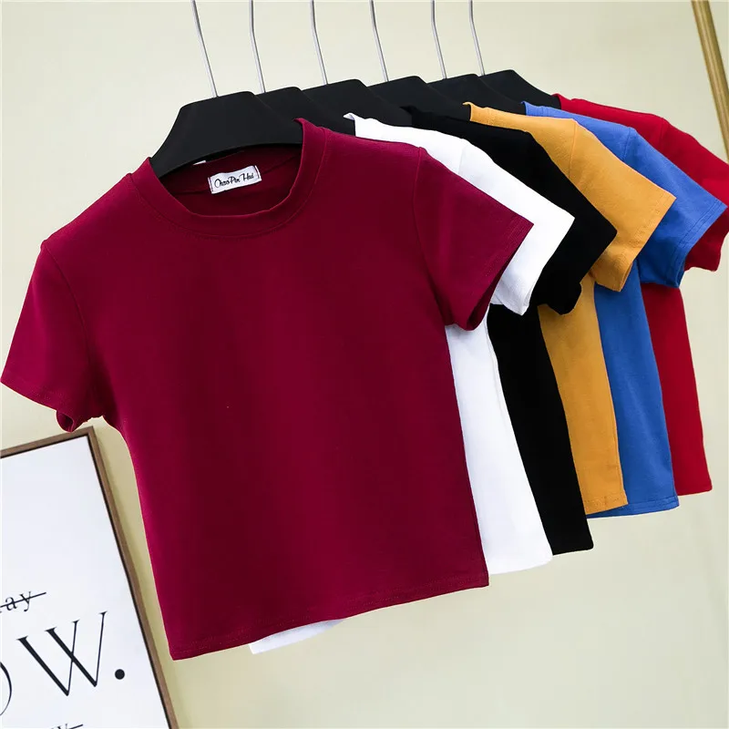 

2019 Summer Crop Tops Women T-Shirt Casual Turtleneck Tee Shirt Woman Solid Cotton T Shirt Short Sleeve Top Tees Slim T-shirt