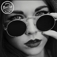 Sella SMALL SIZE Folding STEAMPUNK Sunglasses Round Punk Metal OCULOS de sol Women COATING SUNGLASSES Men Spring Temples GLASSES