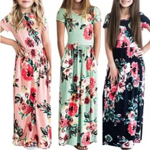 Длинное платье для девочек; повседневные пляжные вечерние Макси-платья в богемном стиле с карманами; Повседневный Сарафан; пляжная одежда; Платья с цветочным принтом для девочек