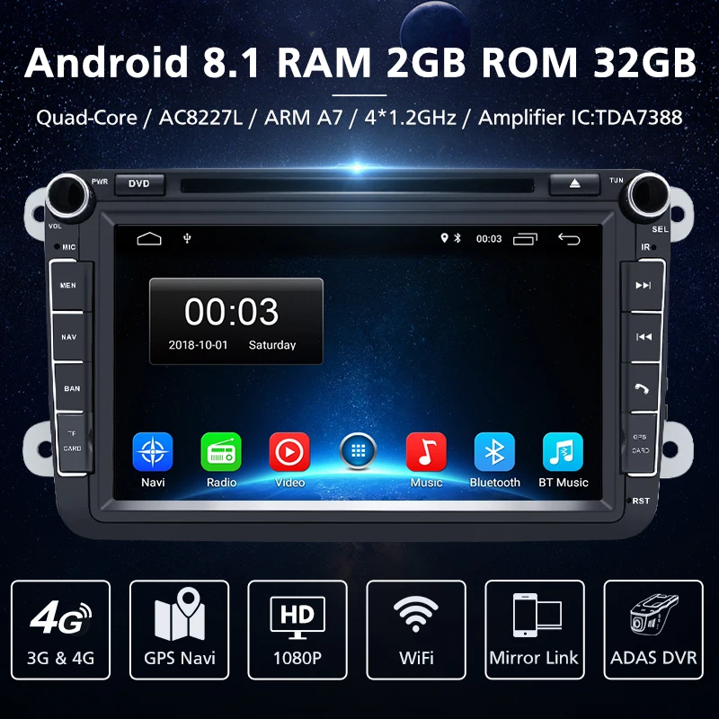 Best Junsun RAM 2+32GB Android 8.1 automagnitol 2 din android Car radio DVD For Golf 5 Passat b6 SEAT leon Tiguan Polo Skoda Octavia 1