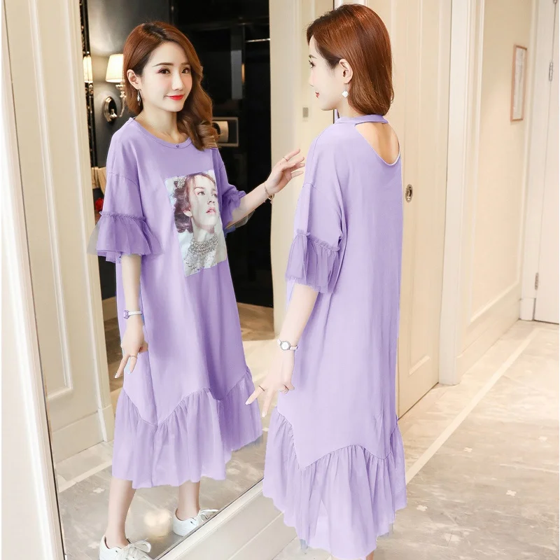 

2019 new Korean fashion cotton mesh stitching maternity dress summer short sleeve loose pregnancy skirt