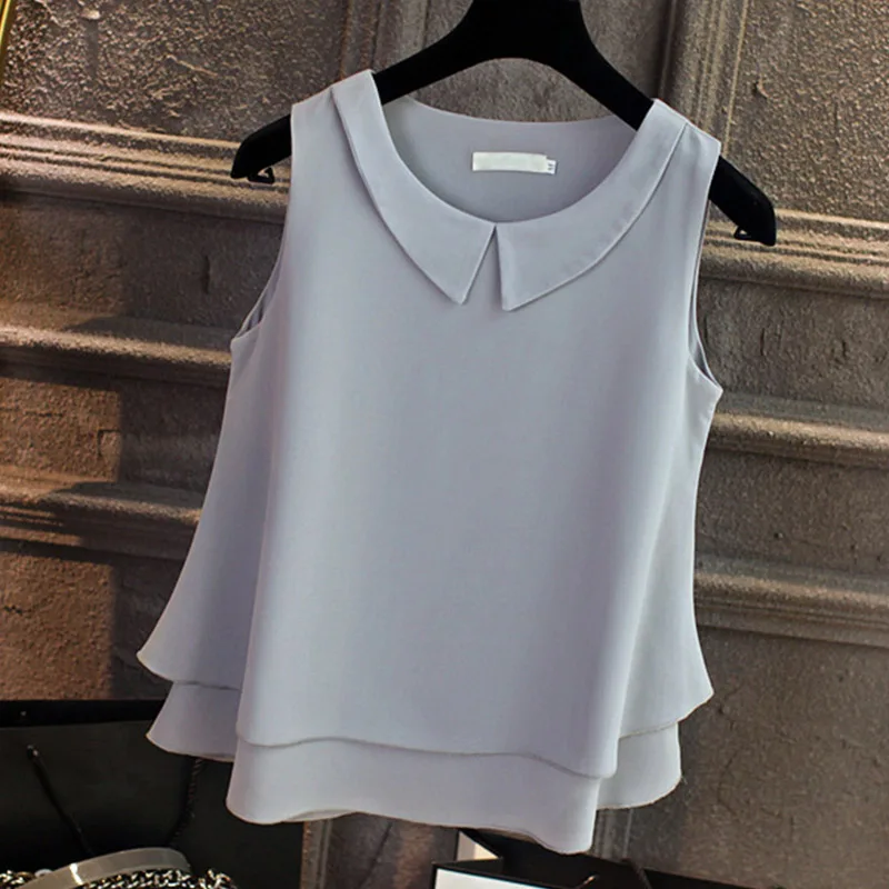 5XL Chiffon Elegant Turn Down Collar Women Shirts Large size Solid O Neck Summer Sleeveless Female Blouses 2019 Sweet Ladies Top