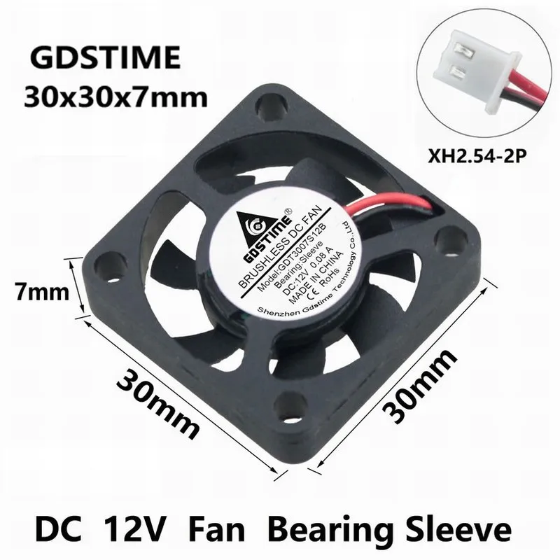 

Gdstime 1 pcs DC 12V 30mm x 7mm Brushless Cooling Fan 3cm 3007 2Pin XH2.5 PH2.0 Small Cooler Fan 30x30x7mm