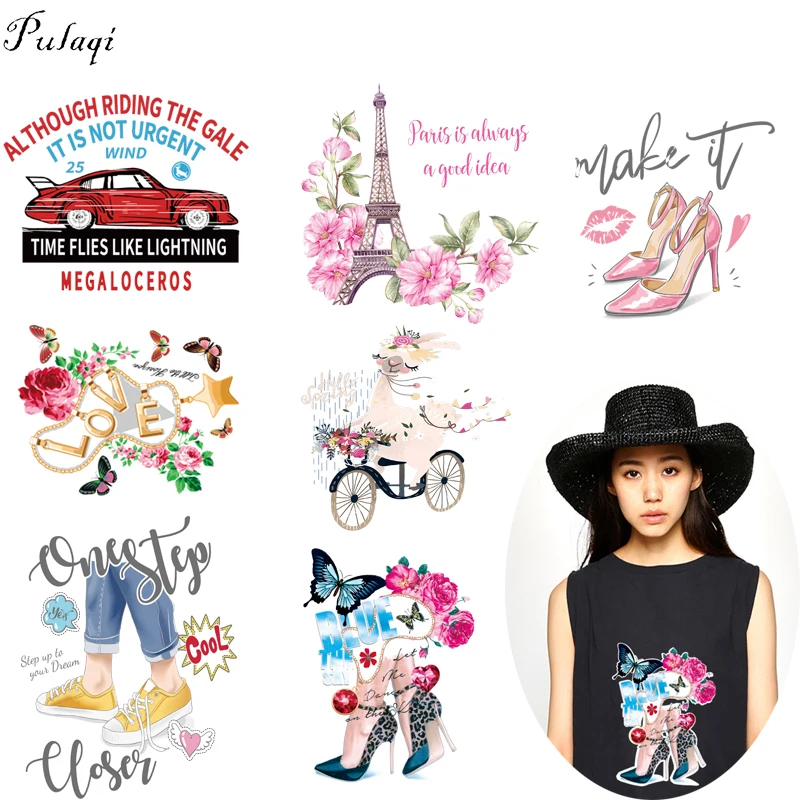 

Pulaqi Fashion Car Heels Iron On Transfers Korean Style Women LOVE Patches Heat Thermal Transfer For Clothes DIY Accessories F