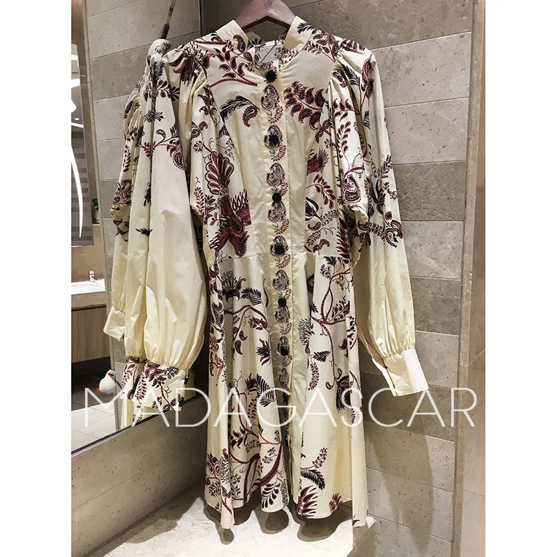 Fall 2018 women's wear new style Silk wadding Ancient totem printing Exotic wind Puff Long sleeves Button decorati fashion dress