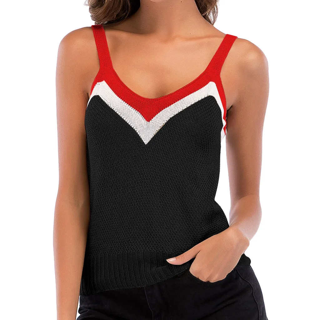 

Women's Color Matching V-Neck Halter Top Short Sleeveless Knit Vest Blouse Tank Tops Women Summer Plus Size Sleeveless Tank Top