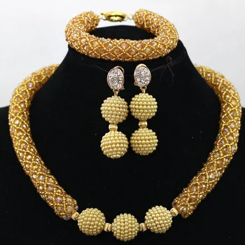 

Popular Champagne Costume African Jewelry Set Gold Ball Bridal Choker Necklace Set For African Wedding Party Women Jewelry QW036