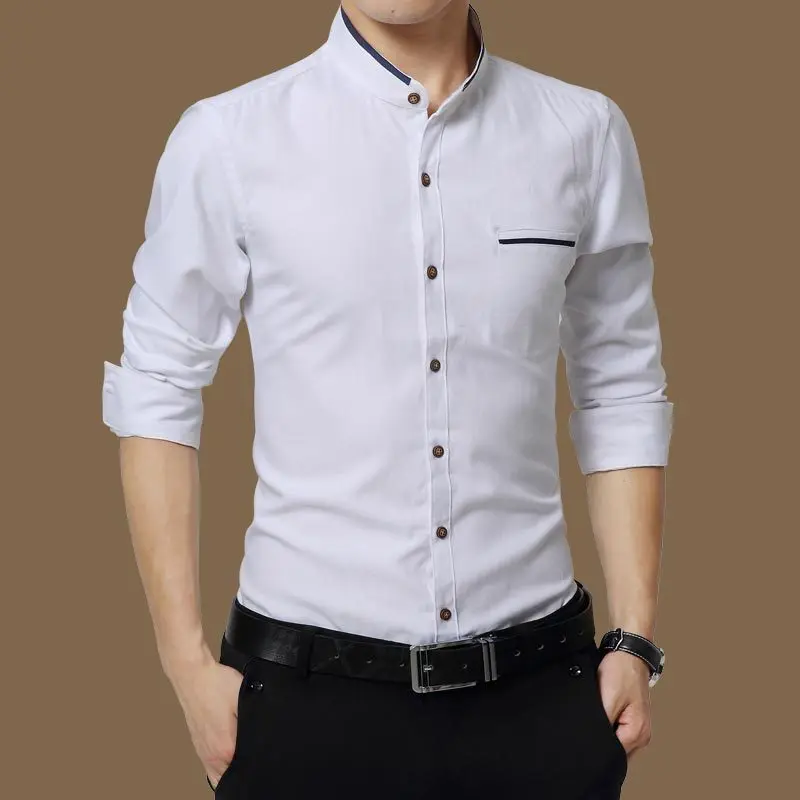 Mens Korean Collar Shirt Long Sleeve White Casual or Formal Slim Fit Cotton SALE