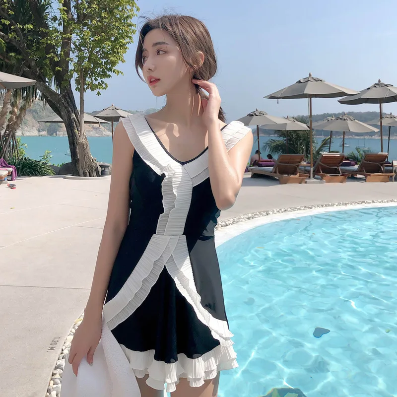 

Swimsuit Women One Piece Woman Swimsuits 2019 Solid Colour Clashing Flying Edge Skirt Split Back Floral Polyester Monokini