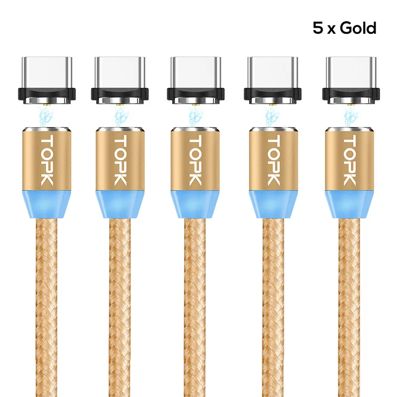 TOPK [5-Pack] R-Line2 светодиодный магнитный кабель usb type C для samsung Galaxy Note 9 One Plus 6 type-C USB C зарядный кабель - Цвет: 5 x Gold Cable