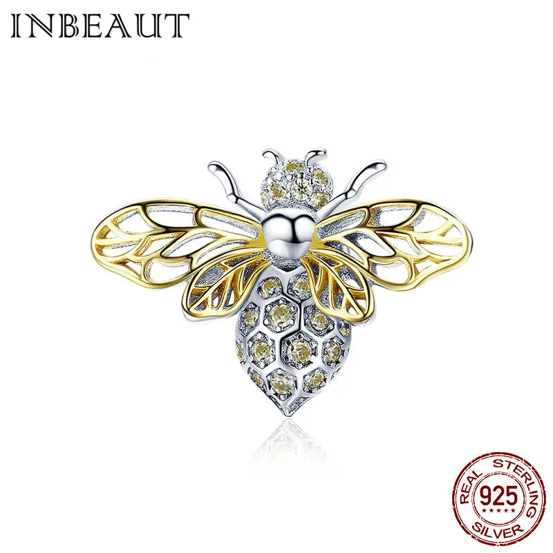 

INBEAUT Hot Sale Genuine 925 Sterling Silver Gold-color Wing Brown CZ Honeybee Charms fit Pandora Bracelet Insect Jewelry Making