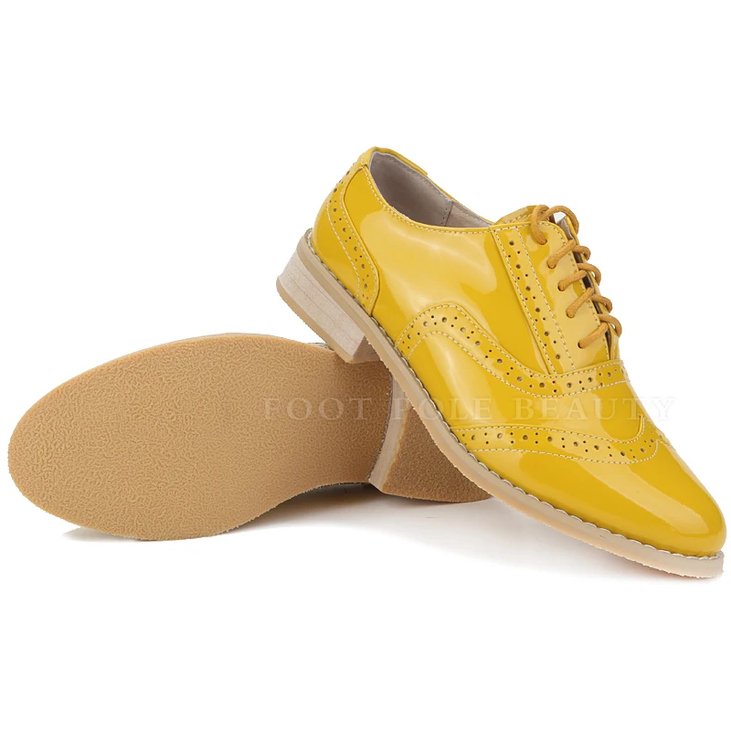 Брендовая обувь ручной работы; женские желтые лакированные туфли на плоской подошве; женские туфли-оксфорды размера плюс; zapatos mujer; броги; оксфорды