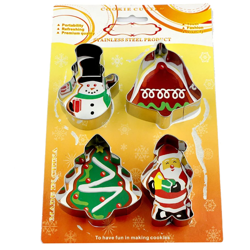 

4pcs/set Christmas Cookie Cutter Mold 3D Stainless Steel Biscuit Mould Cake Decoration Tree Snowman Shape Baking Kitchen Tools