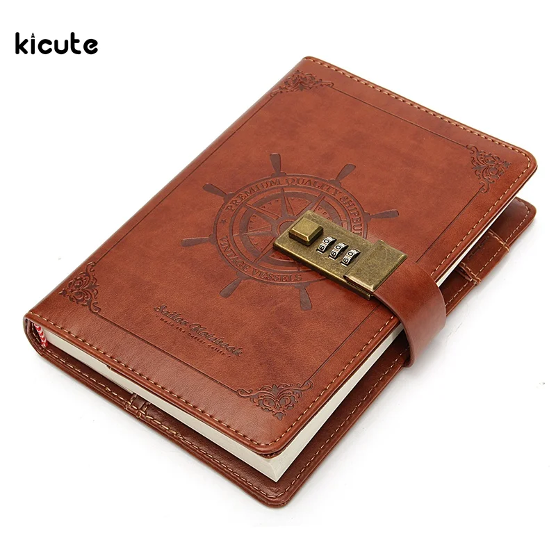 Image 1Pcs Vintage Rudder Brown Leather Journal Blank Diary Note Book with Password Code Lock Office School Stationery Supplies Gifts