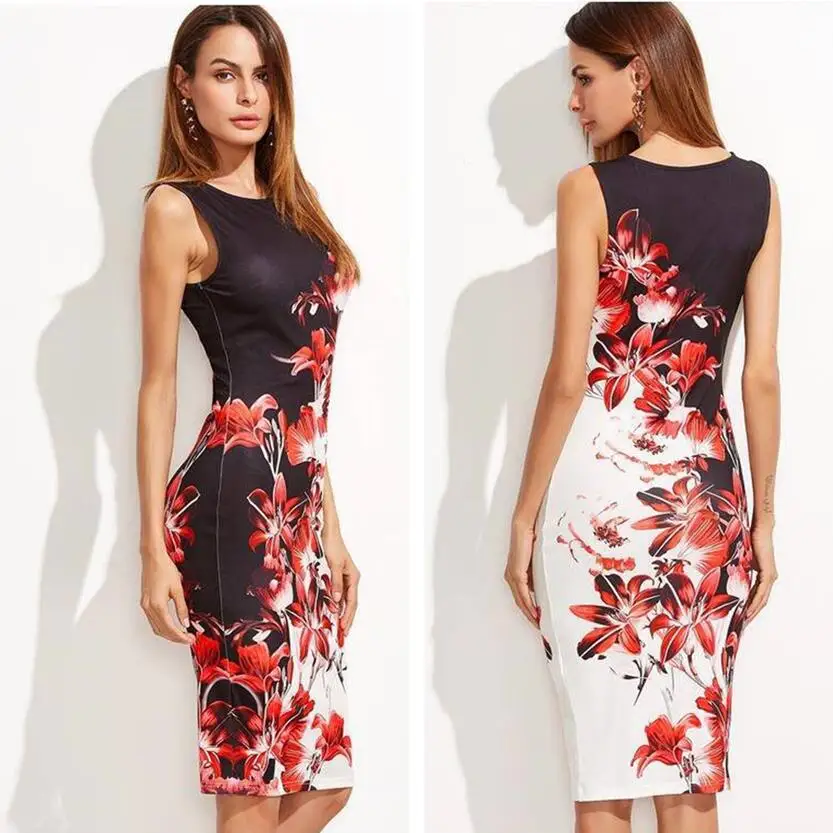 

S-5XL Plus Size Women Dress Summer 2019 Sleeveless Floral Printed Slim Sexy Dress Package Hips Thin Elegant Female Summer Dress